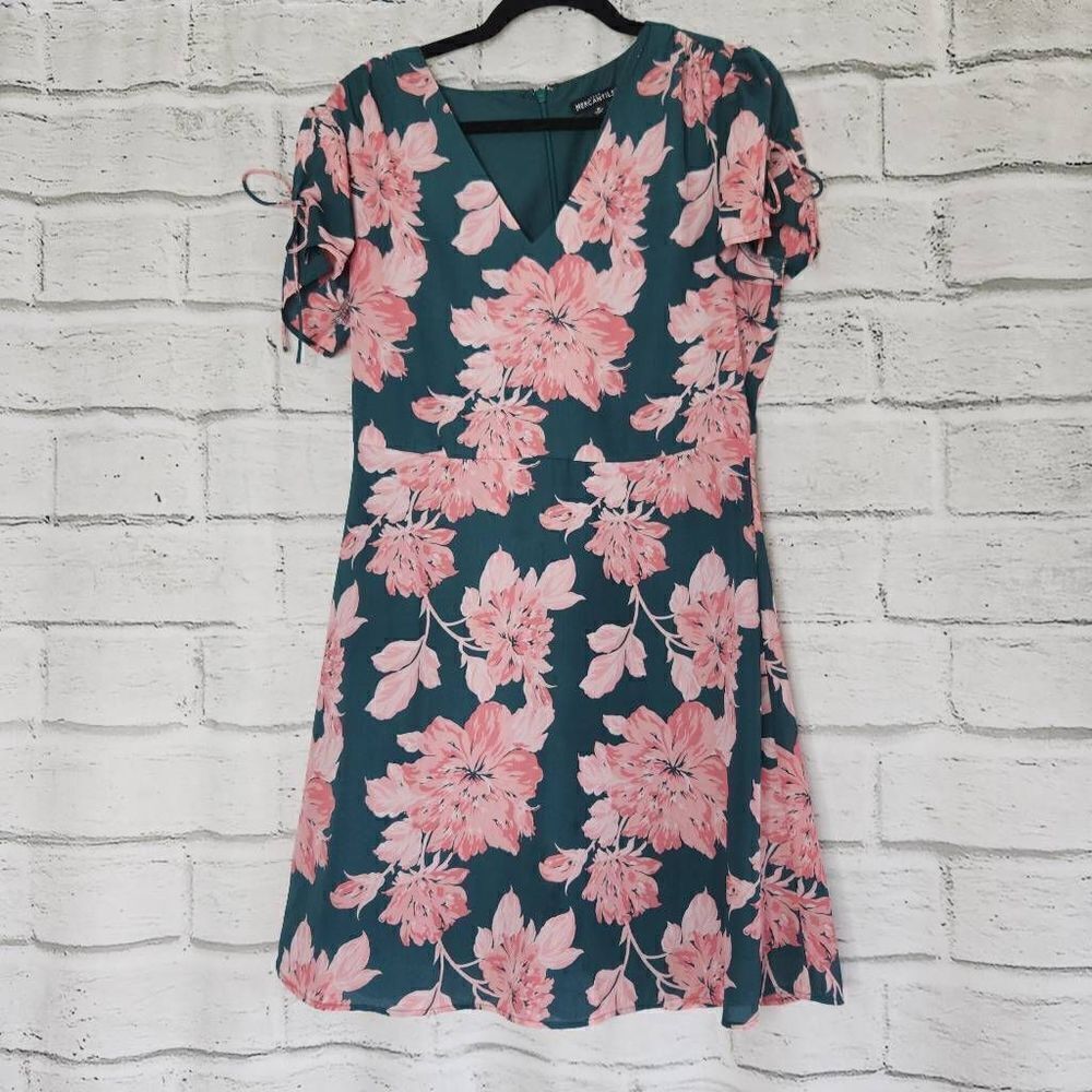 J Crew Mercantile Green Pink Floral Print Tie Sleeve V Neck Dress Size 8 A Line